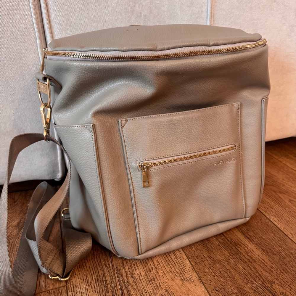 Gray Leather Backpack with Gold Accents